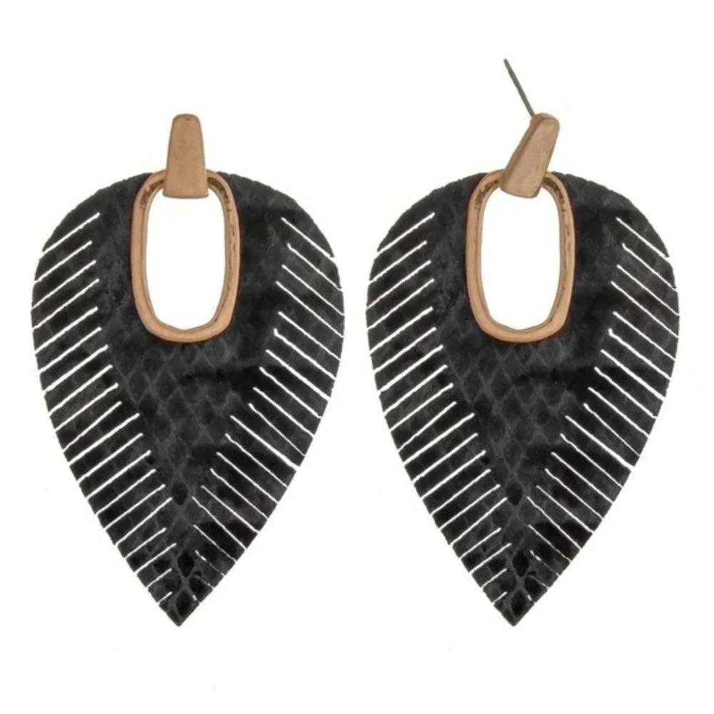 Boutique NWT snakeskin hinge cut out earrings black goth office